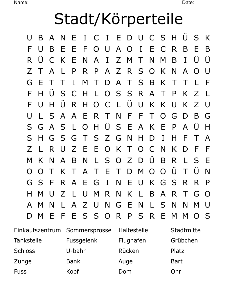 Stadt/Körperteile Word Search