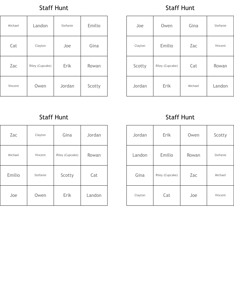 Staff Hunt Bingo Cards