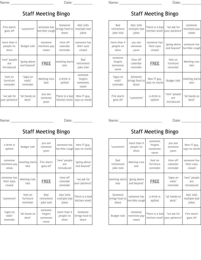 Staff Meeting Bingo