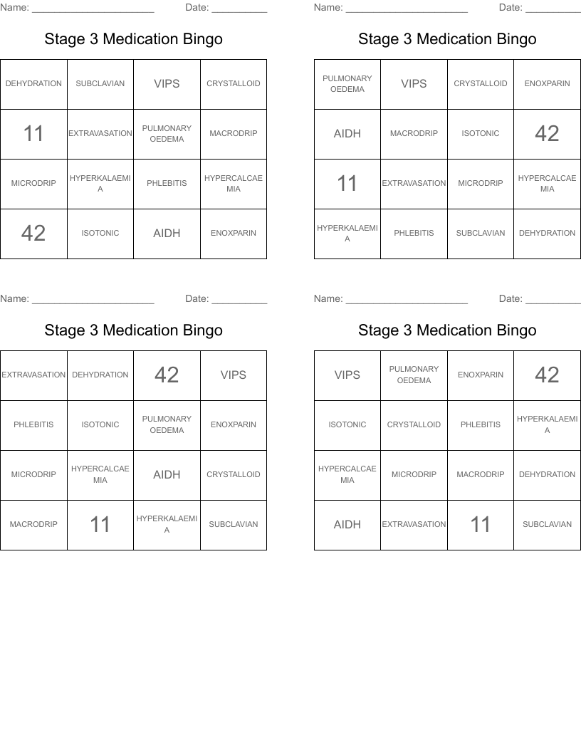 Stage 3 Medication Bingo 