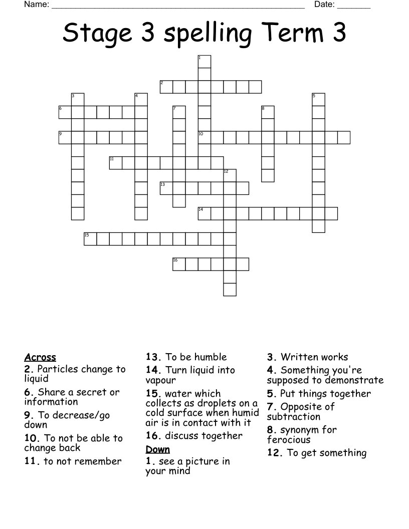 Stage 3 spelling Term 3 Crossword