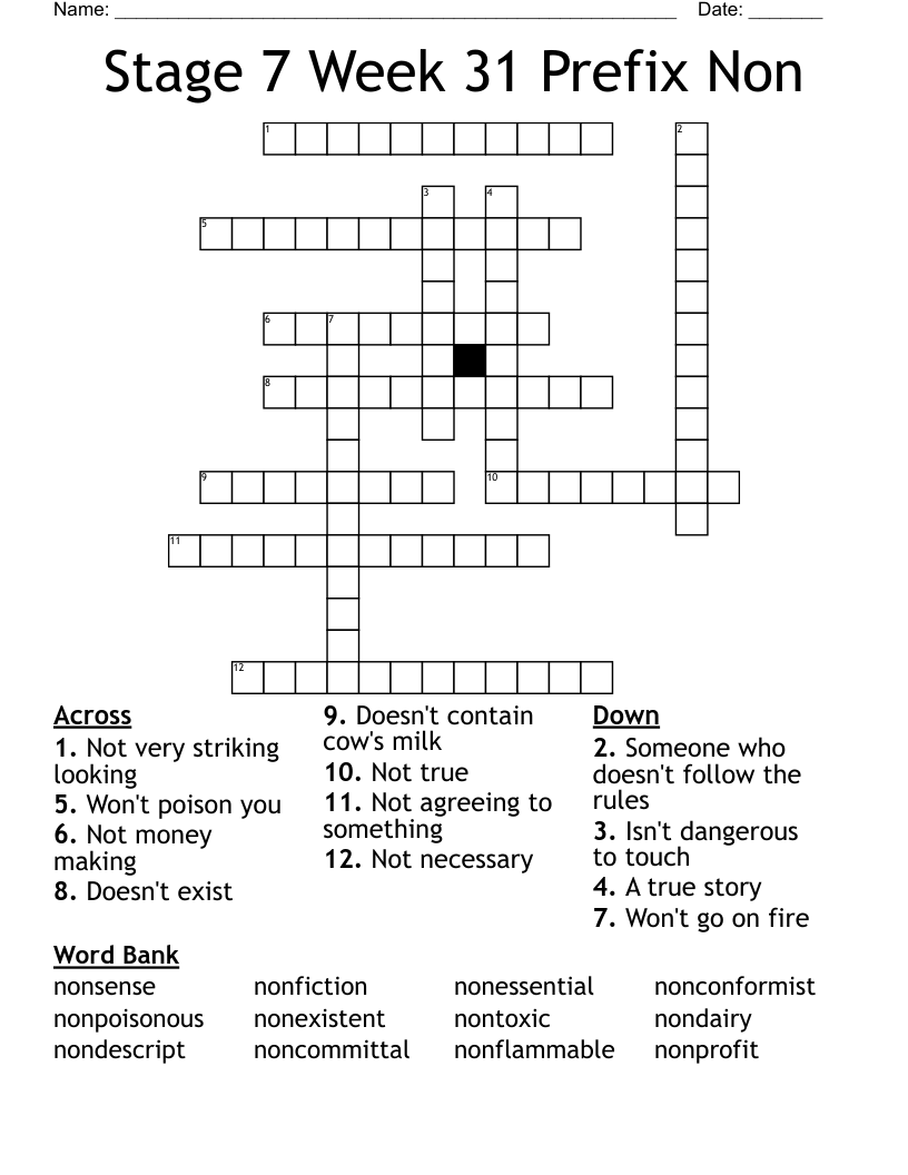 Stage 7 Week 31 Prefix Non Crossword