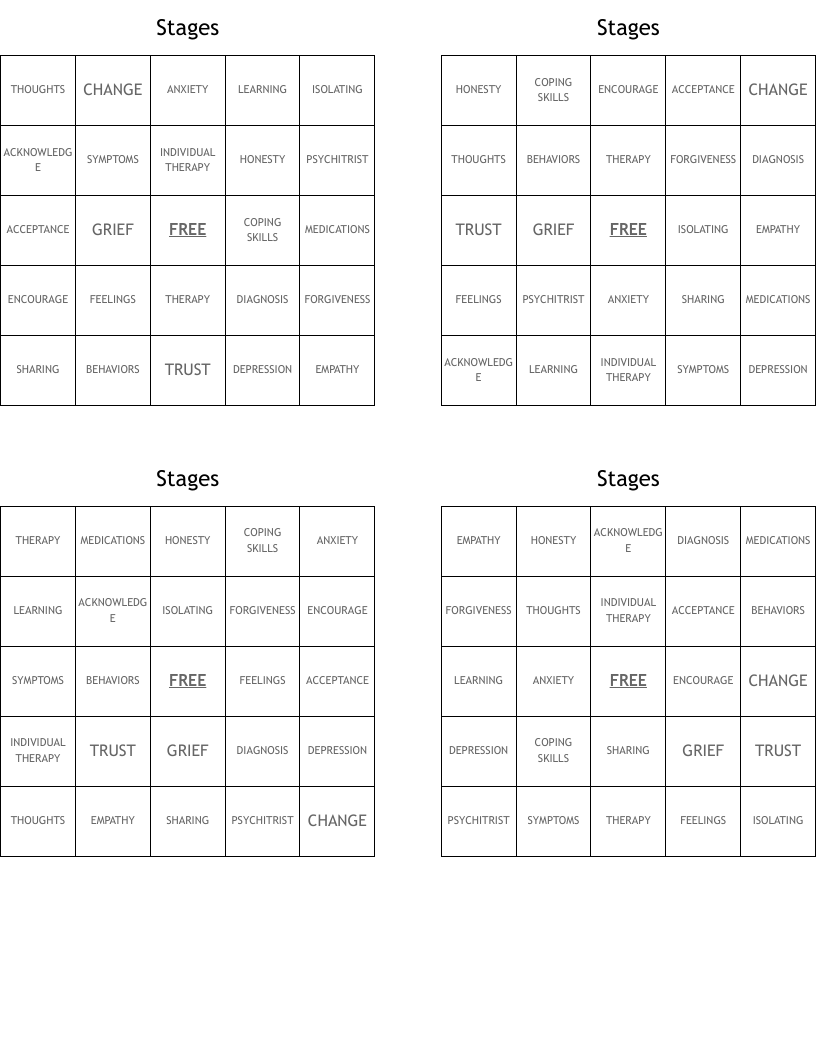 Stages Bingo Cards
