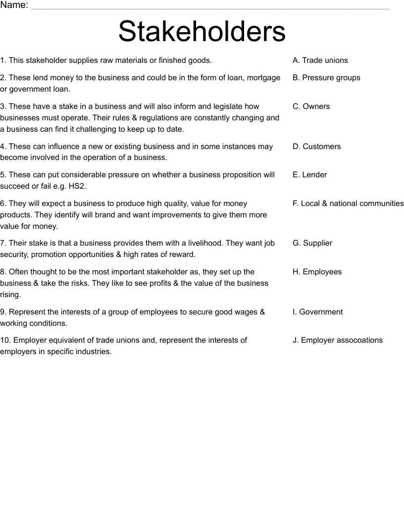 Stakeholders Worksheet