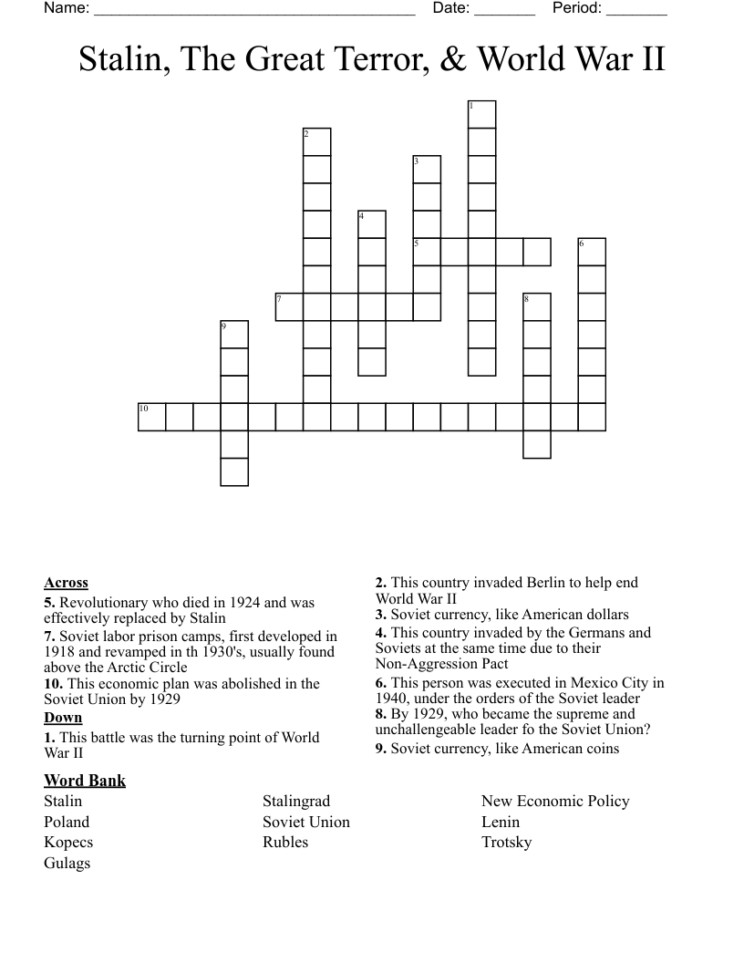 Stalin, The Great Terror, & World War II Crossword