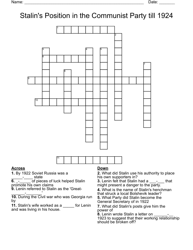 Stalin's Position in the Communist Party till 1924 Crossword
