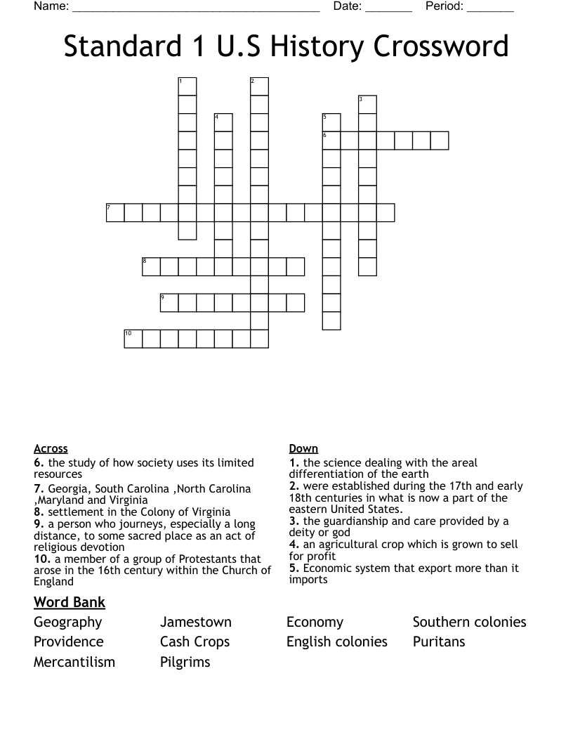 Standard 1 U.S History Crossword 