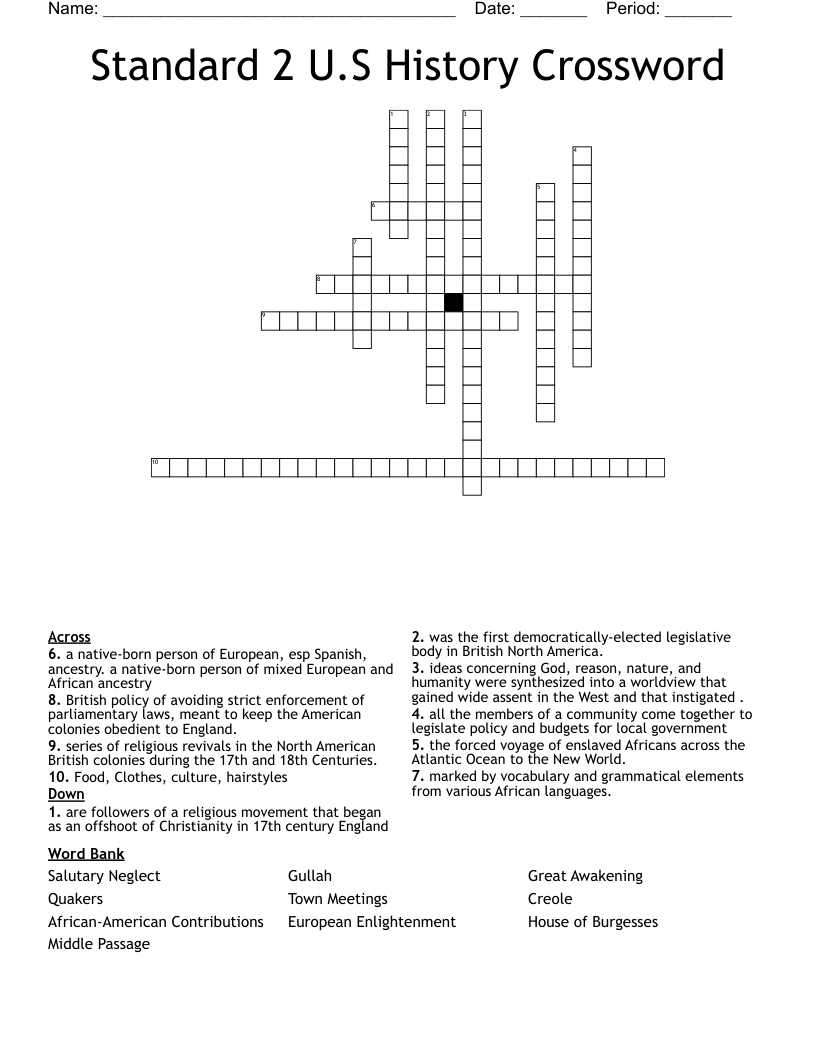 Standard 2 U.S History Crossword 