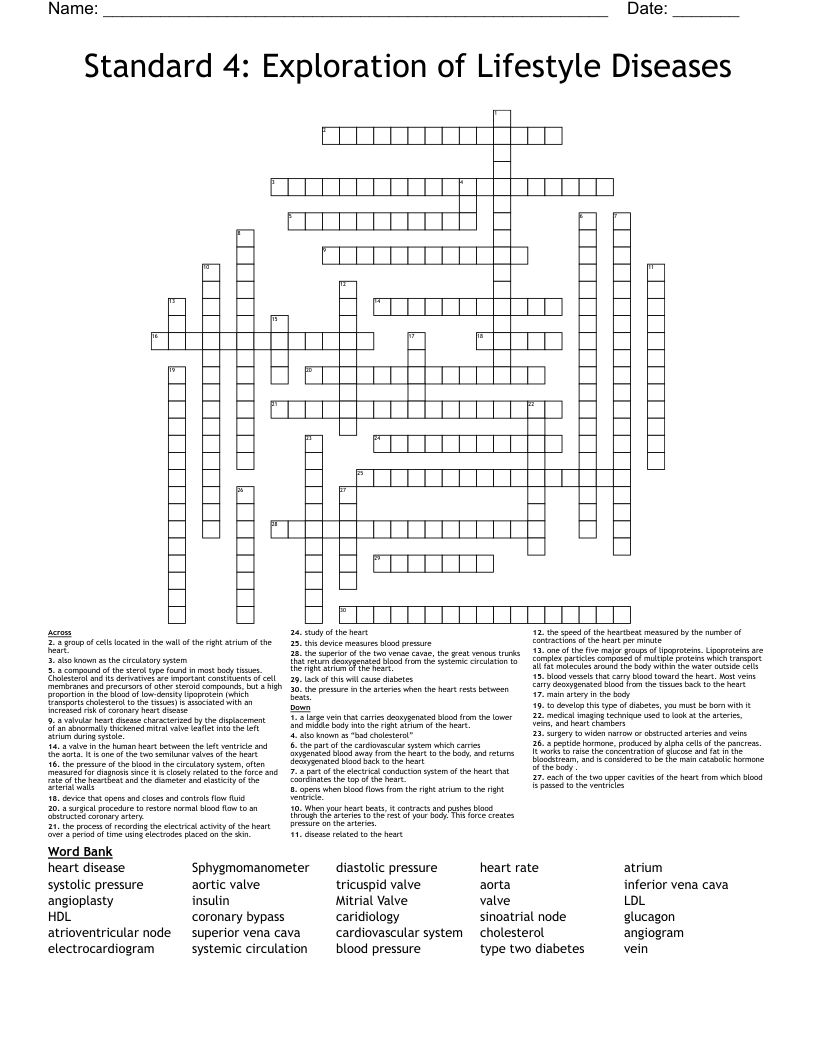 Standard 4: Exploration of Lifestyle Diseases Crossword