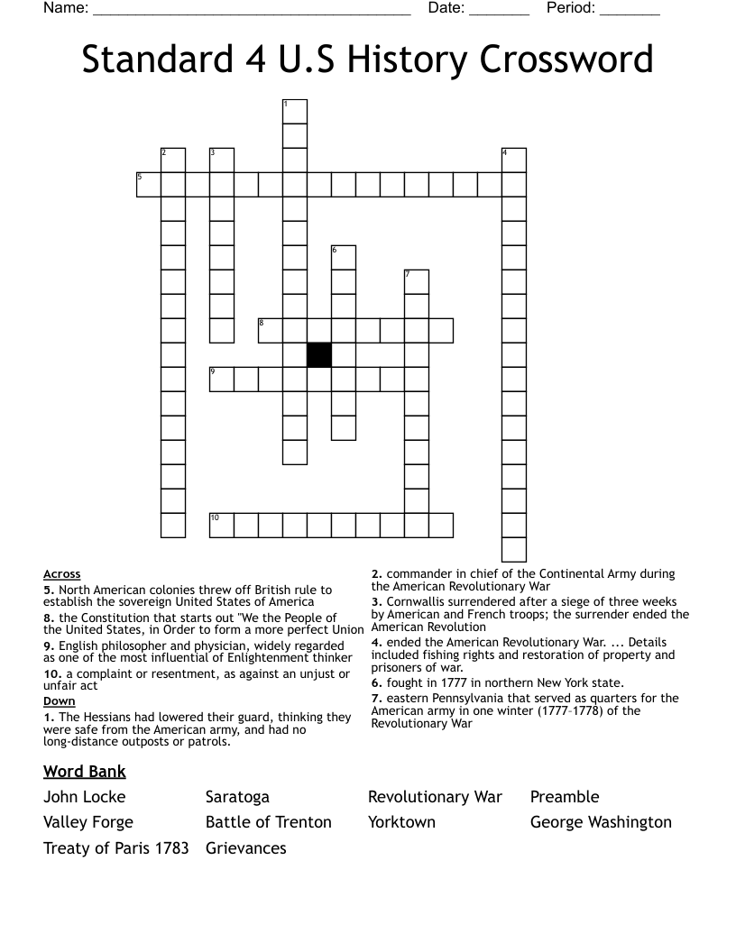 Standard 4 U.S History Crossword 