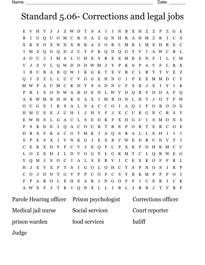 Standard 5.06- Corrections and legal jobs Word Search