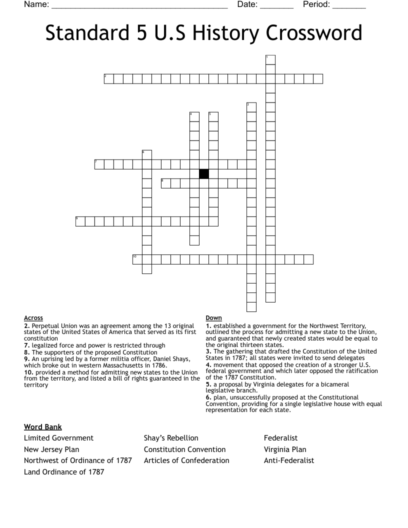 Standard 5 U.S History Crossword 