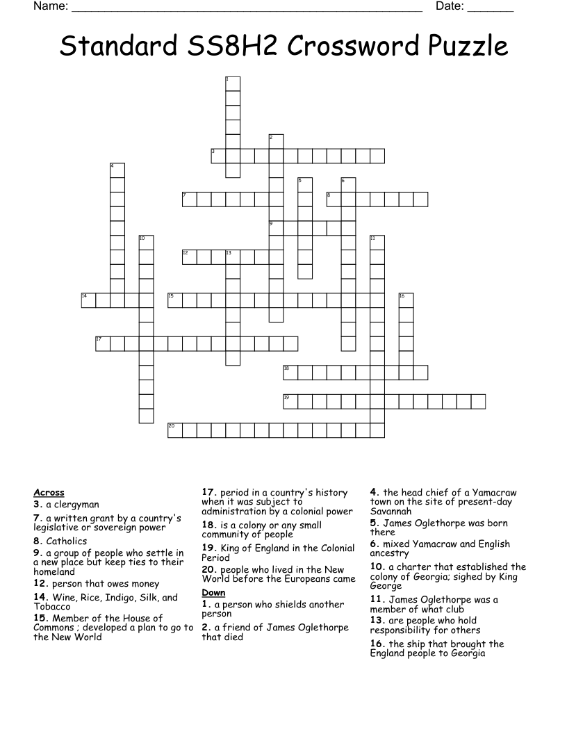 Standard SS8H2 Crossword Puzzle