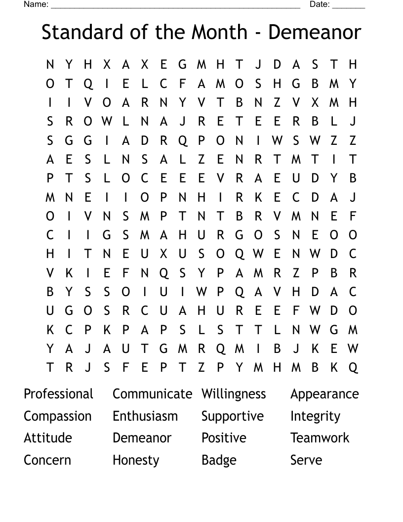 Standard of the Month - Demeanor Word Search