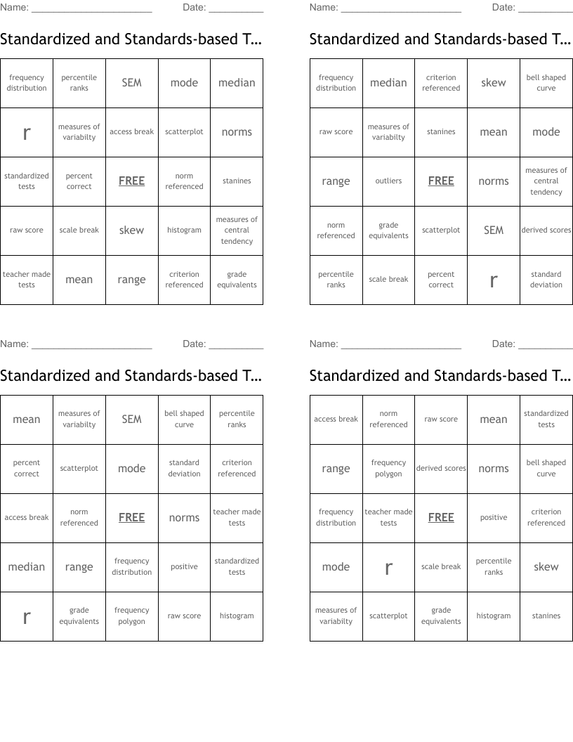Standardized and Standards-based Tests Bingo Cards