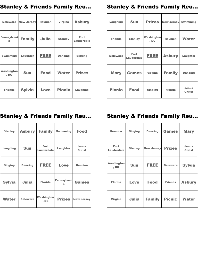 Stanley & Friends Family Reunion Bingo Cards
