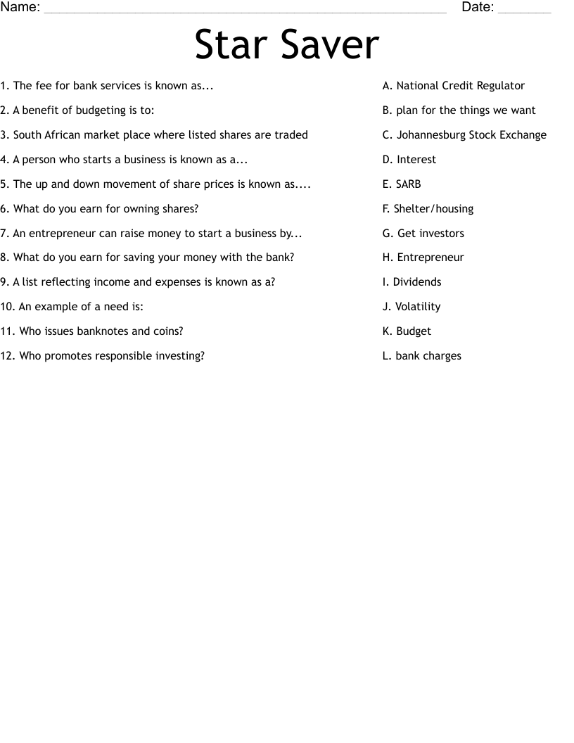Star Saver Worksheet