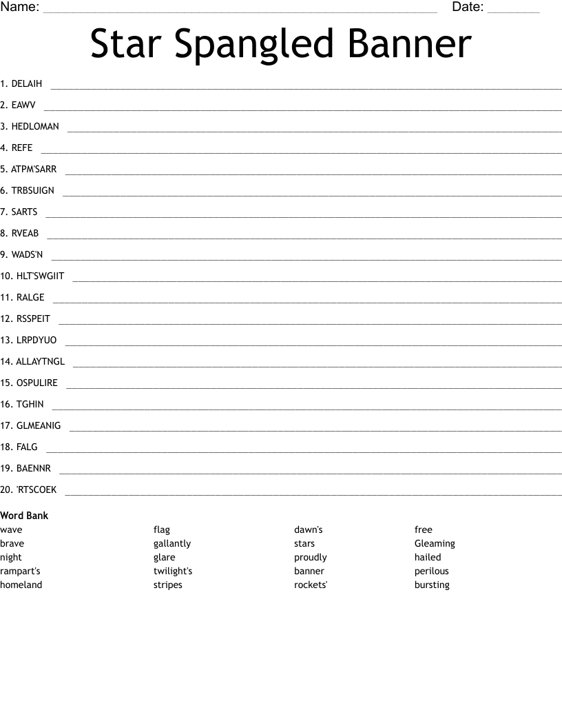 Star Spangled Banner Word Scramble