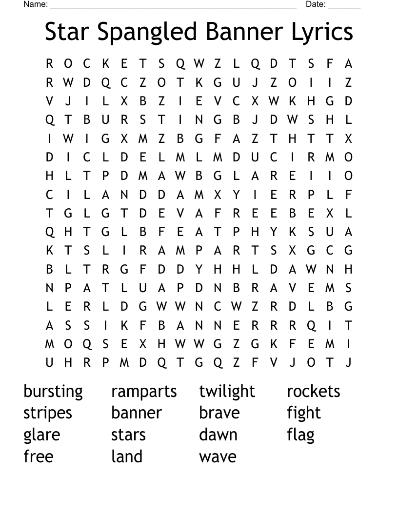 Star Spangled Banner Lyrics Word Search
