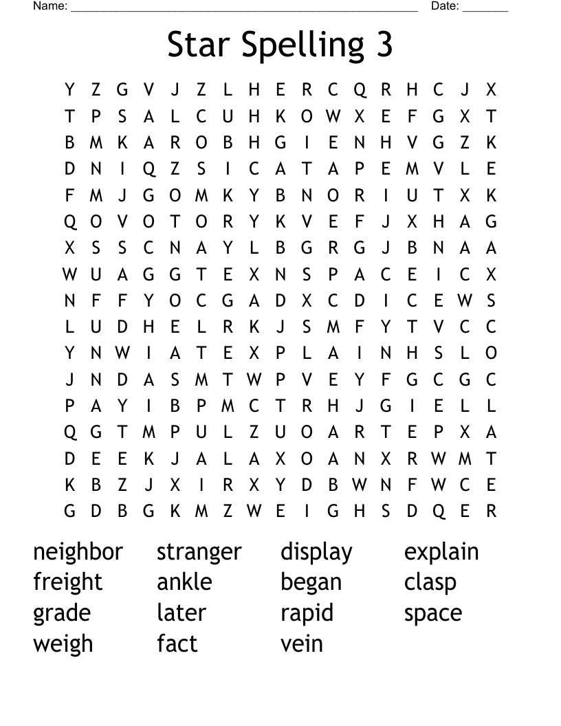 Star Spelling 3 Word Search