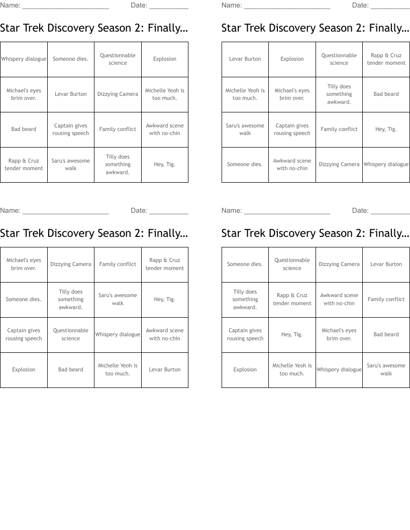 Star Trek Discovery Season 2: Finally, the End Bingo Cards