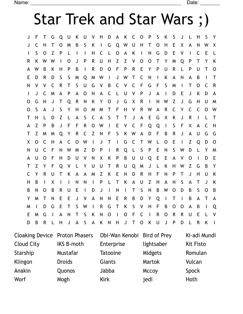 Star Trek and Star Wars ;) Word Search