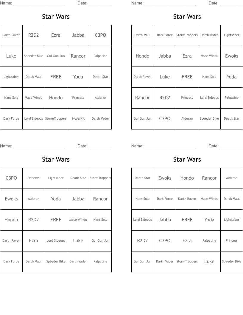 Star Wars Bingo Cards