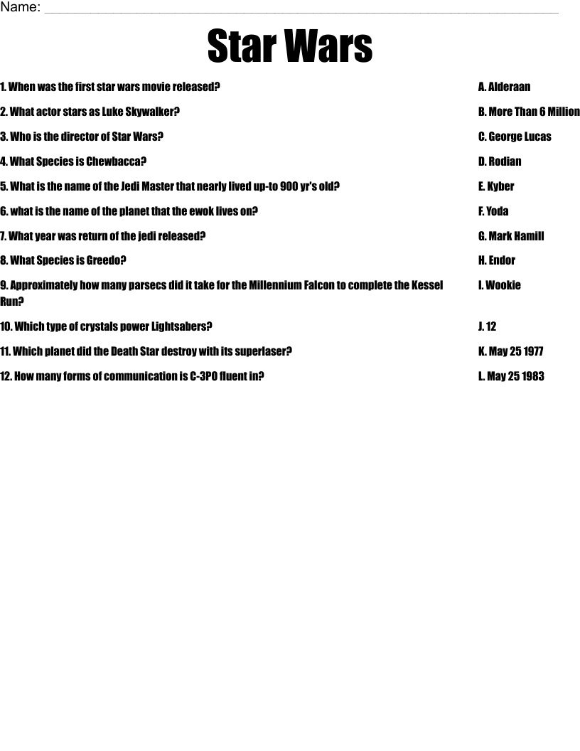 Star Wars Worksheet