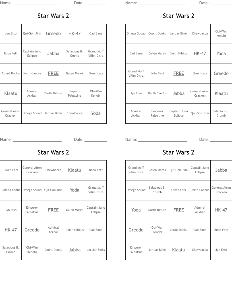 Star Wars 2 Bingo Cards