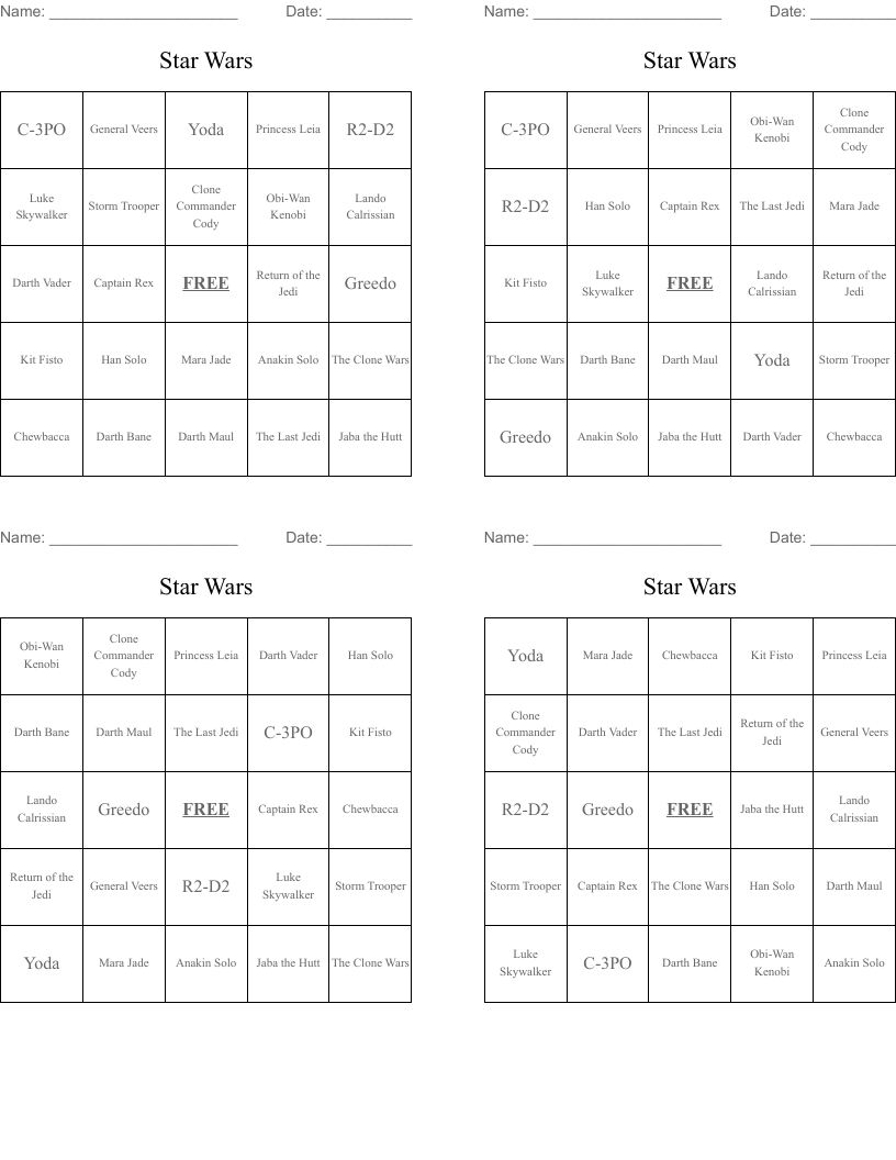 Star Wars Bingo Cards