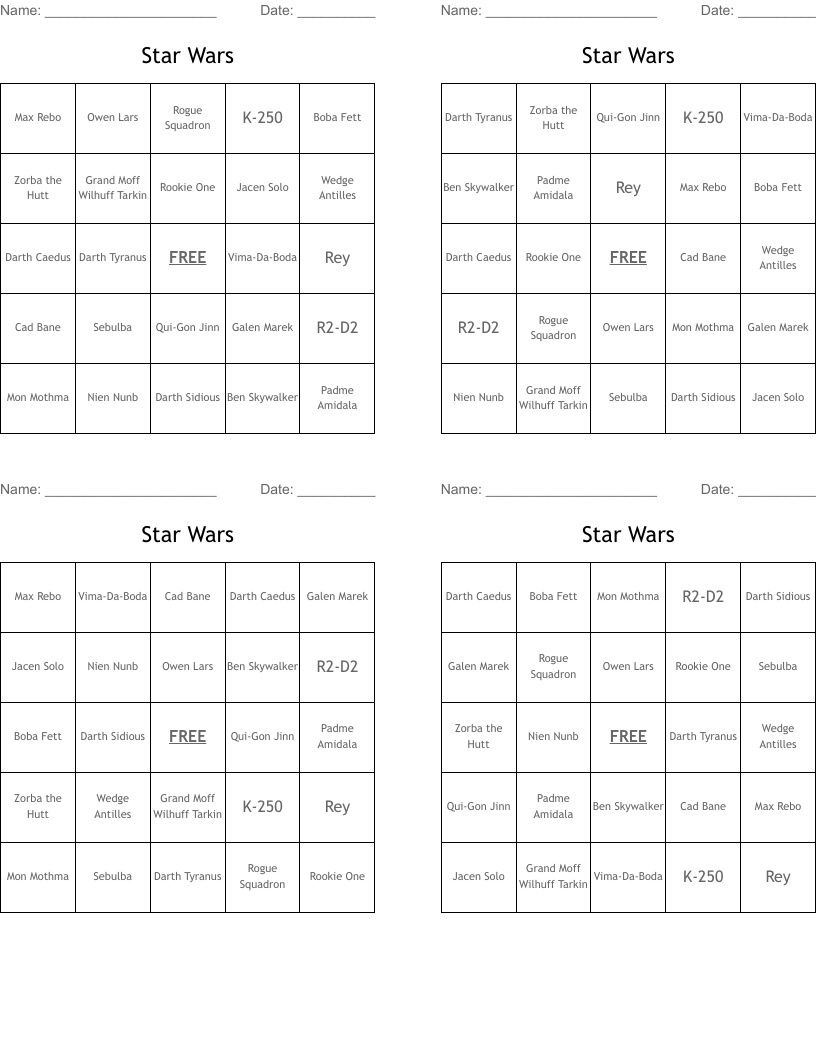Star Wars Bingo Cards