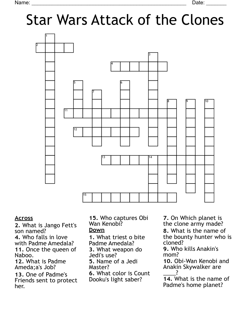 Star Wars Attack of the Clones Crossword