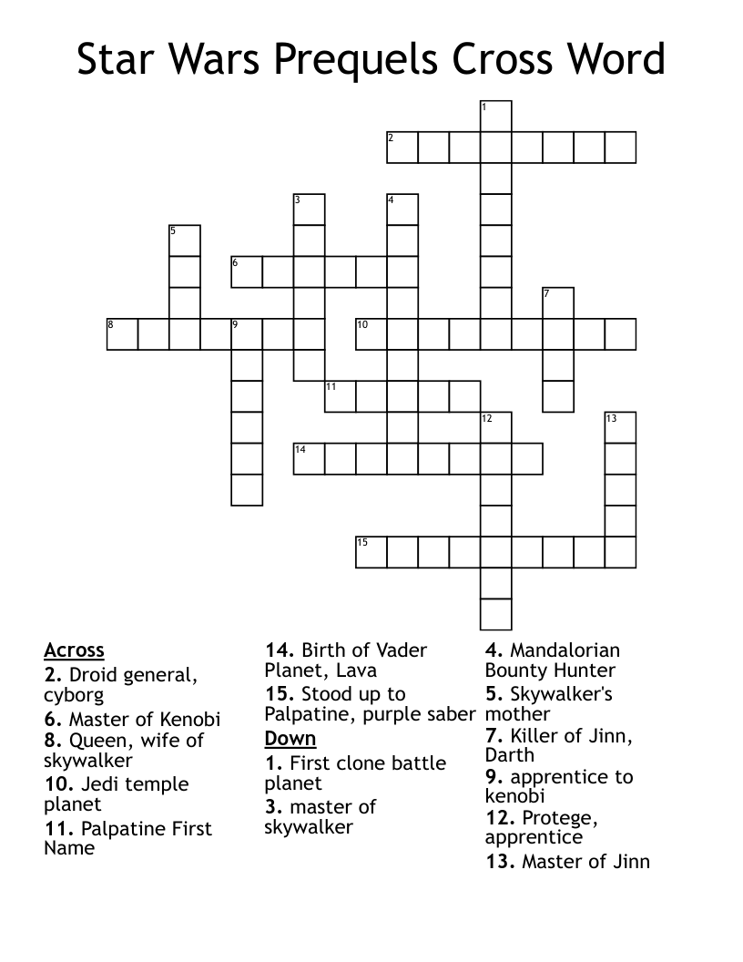 Star Wars Prequels Cross Word