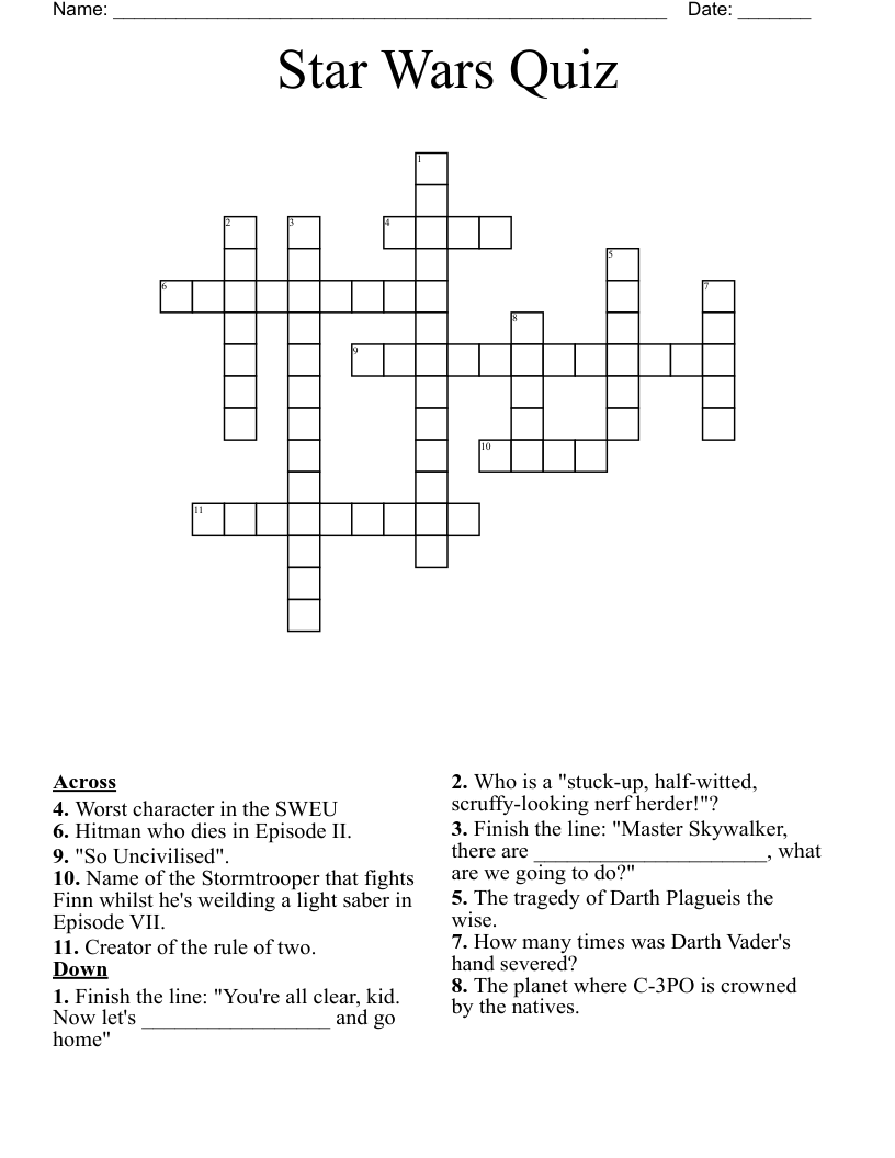 Star Wars Quiz Crossword