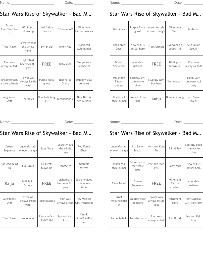Star Wars Rise of Skywalker - Bad Movie Bingo