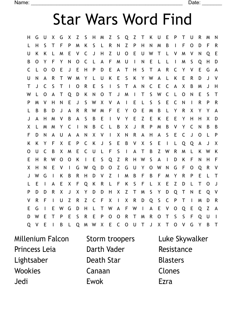 Star Wars Word Find Word Search