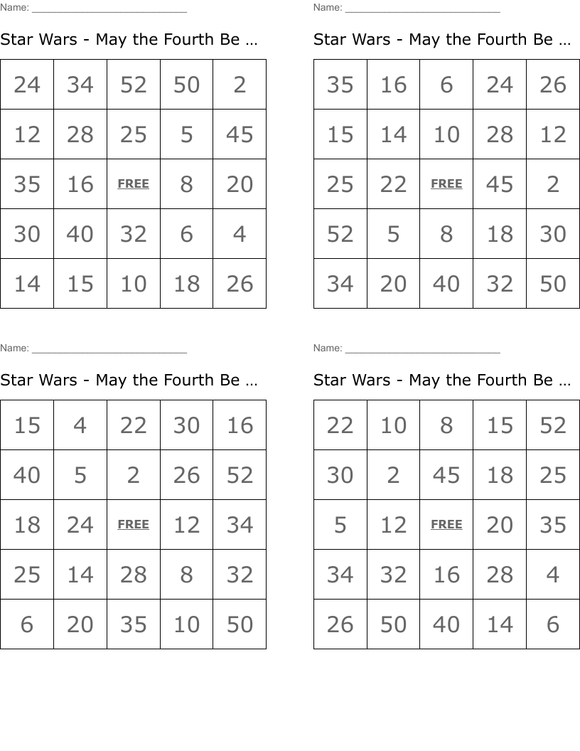 Star Wars - May the Fourth Be With You Bingo Cards