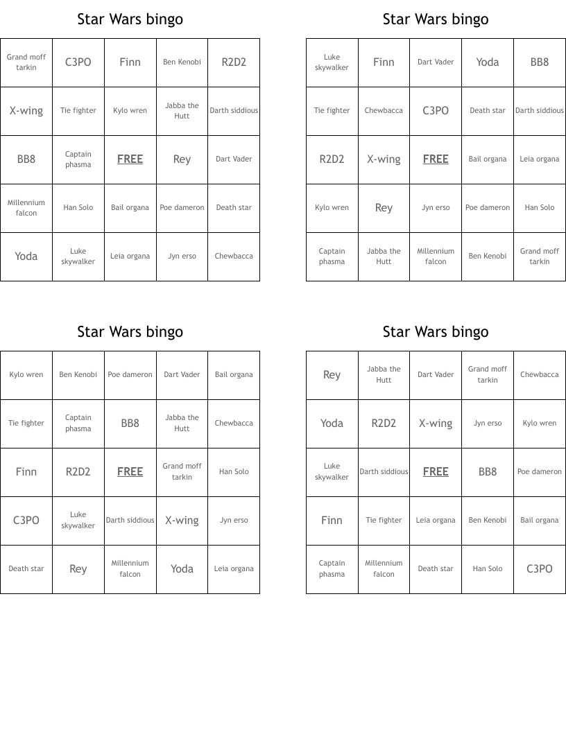 Star Wars bingo
