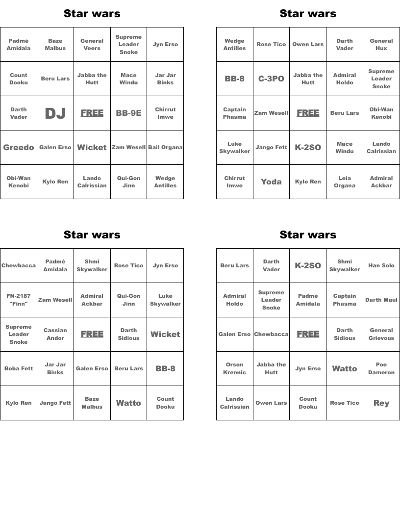 Star wars Bingo Cards