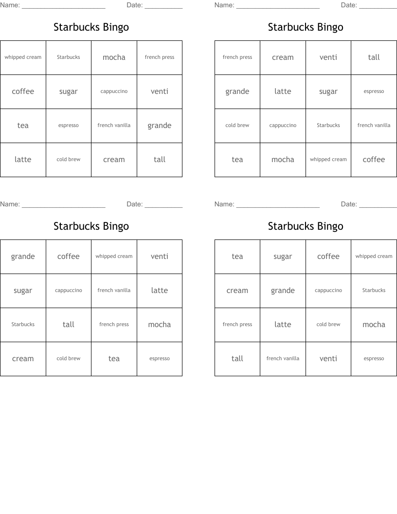 Starbucks Bingo