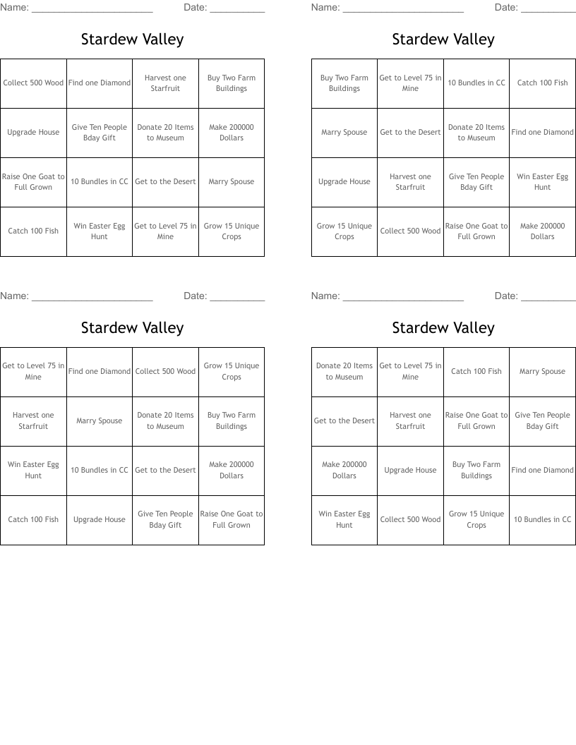 Stardew Valley Bingo Cards