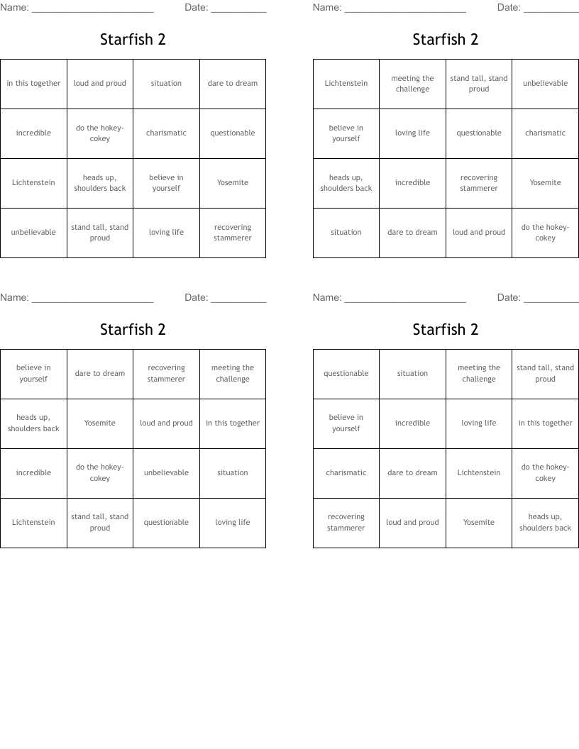Starfish 2 Bingo Cards