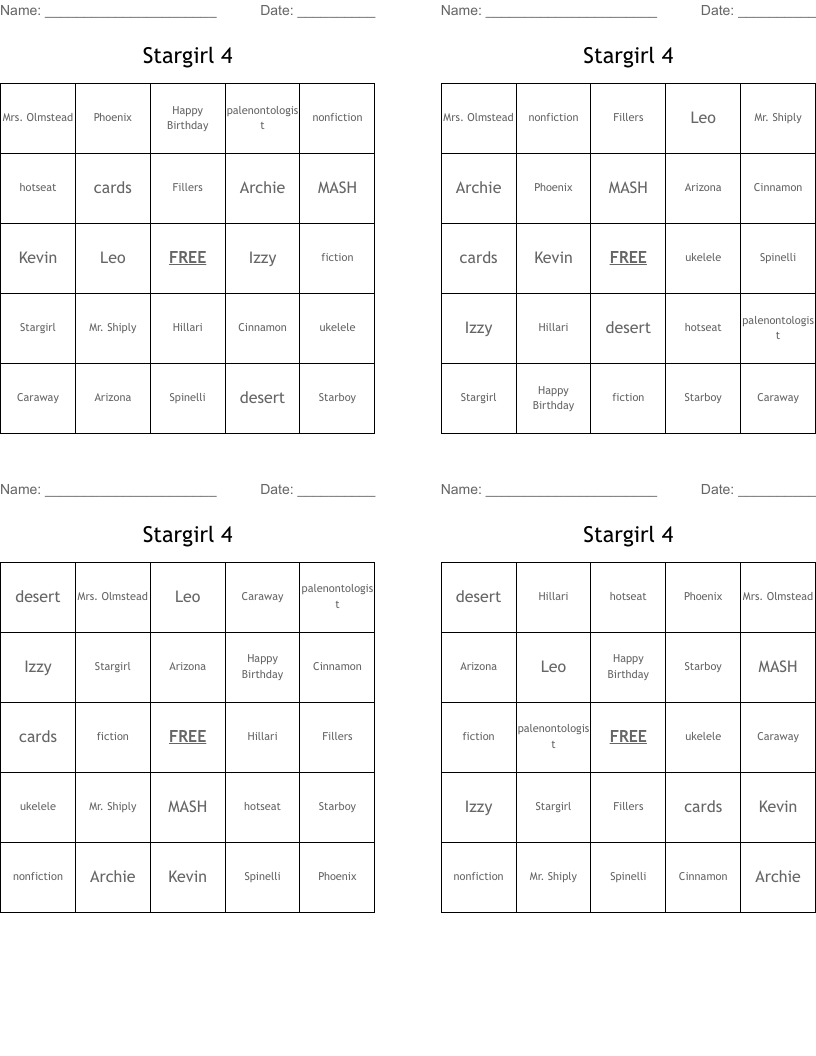 Stargirl 4 Bingo Cards
