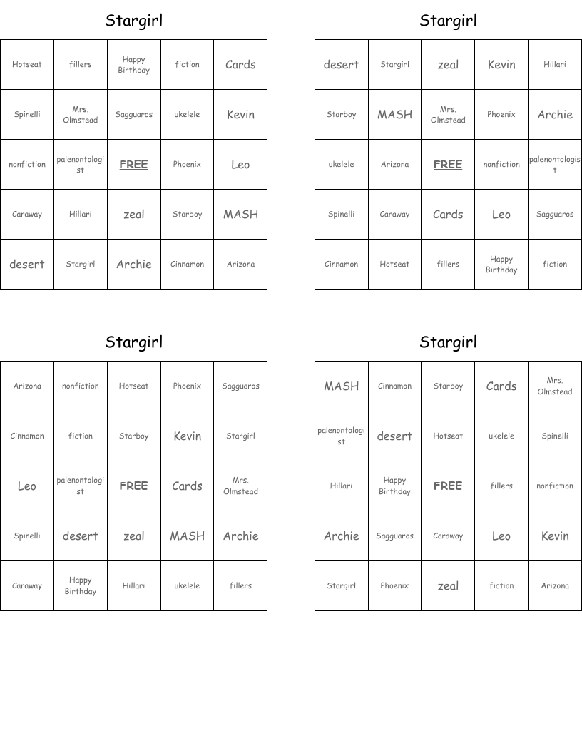 Stargirl Bingo Cards