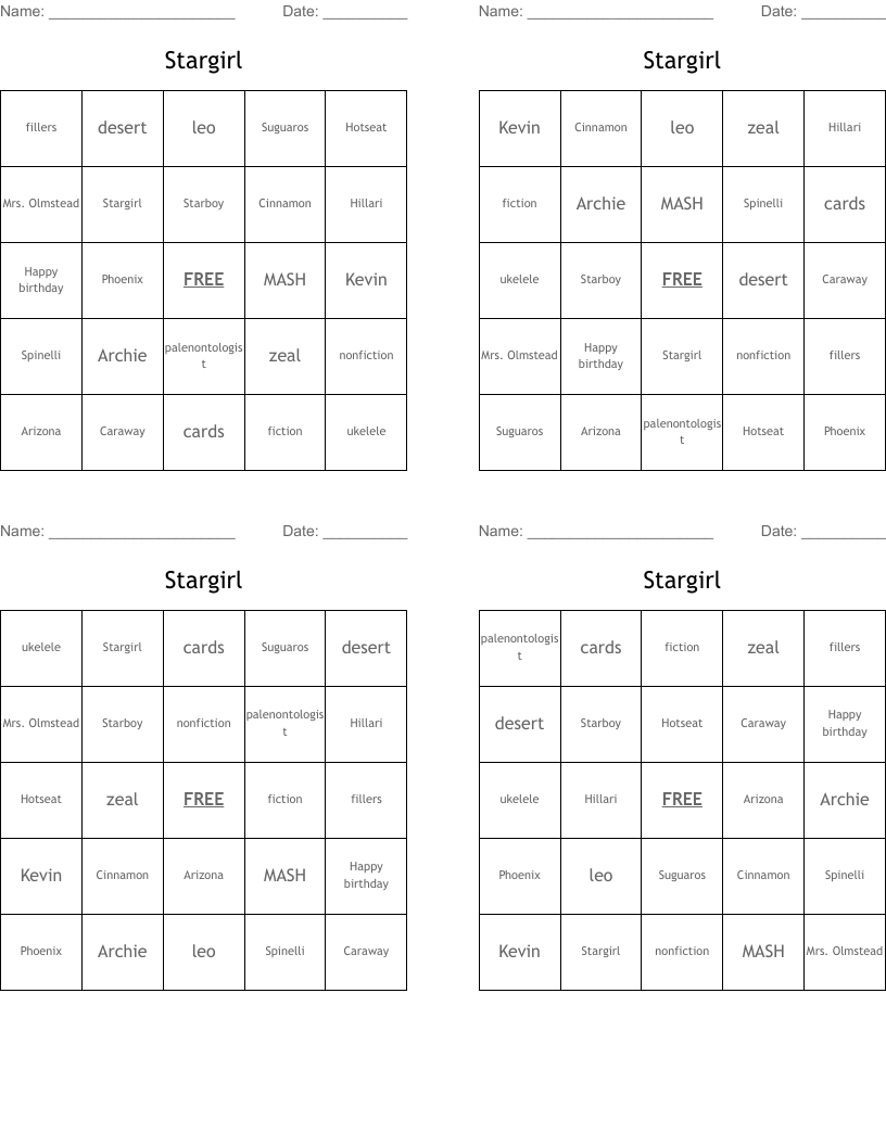 Stargirl Bingo Cards
