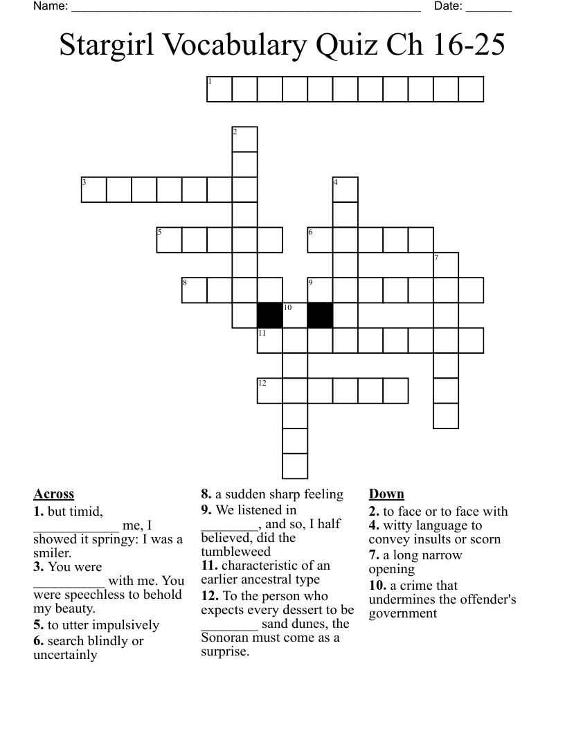 Stargirl Vocabulary Quiz Ch 16-25 Crossword