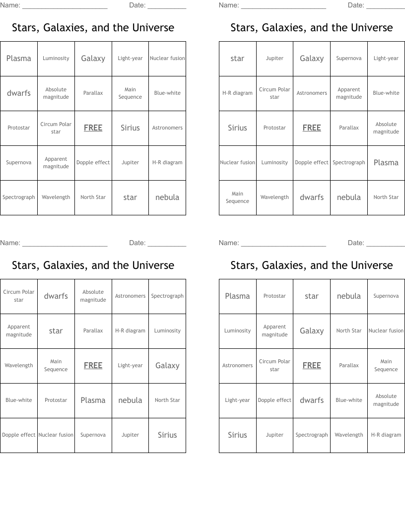 Stars, Galaxies, and the Universe Bingo Cards