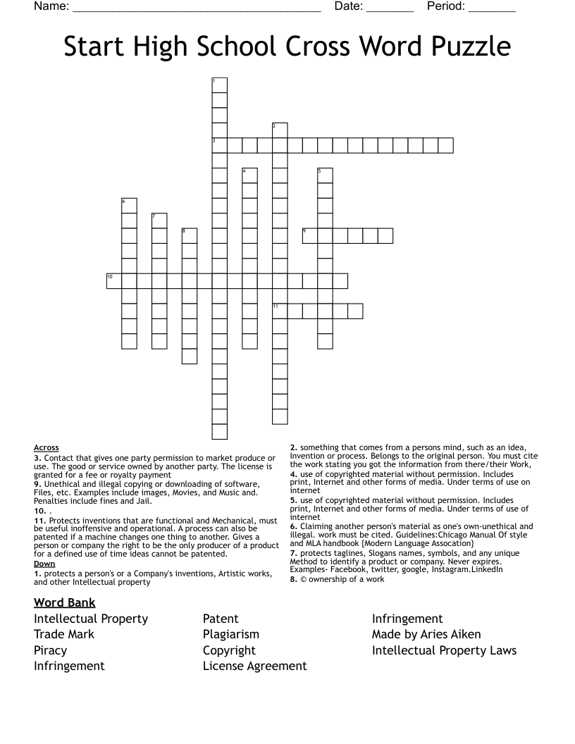 Start High School Cross Word Puzzle 
