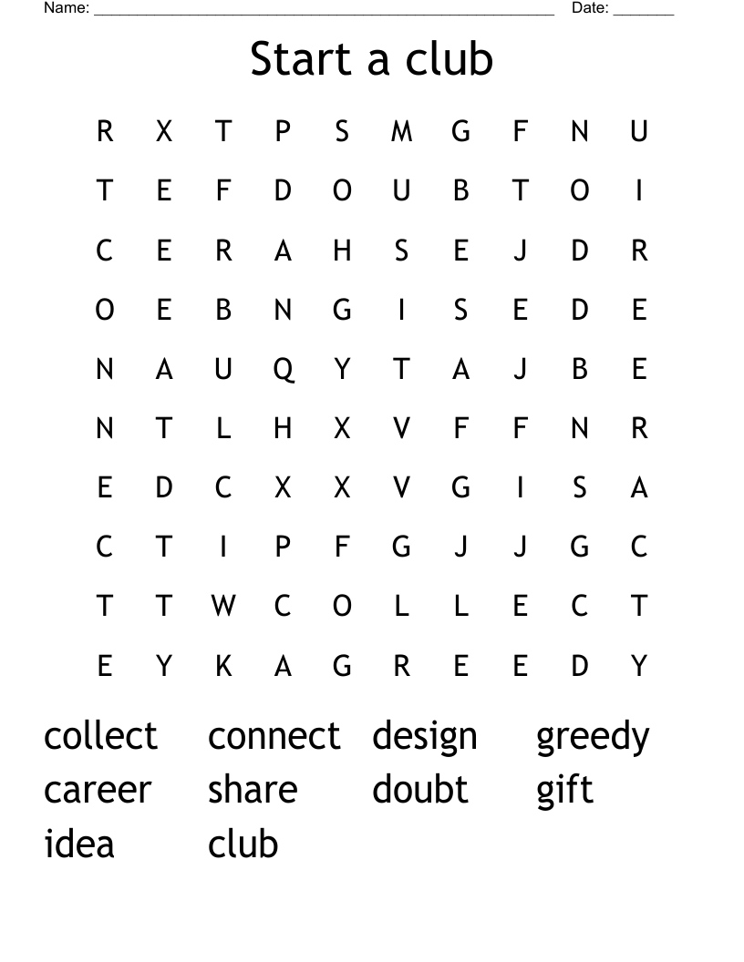 Start a club Word Search