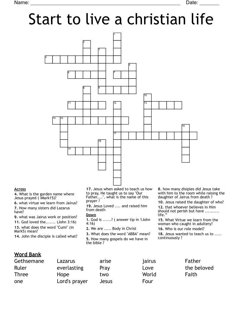 Start to live a christian life Crossword